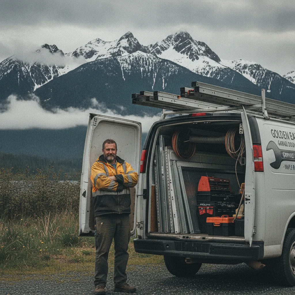 Maple Ridge garage door technician standing by a fully stocked service van