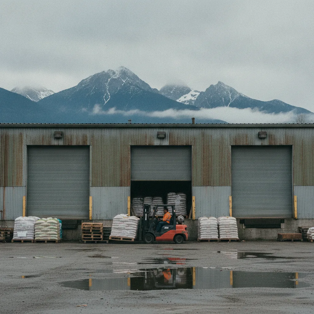Row of commercial overhead loading-dock doors at an Albion industrial yard with the mountains behind