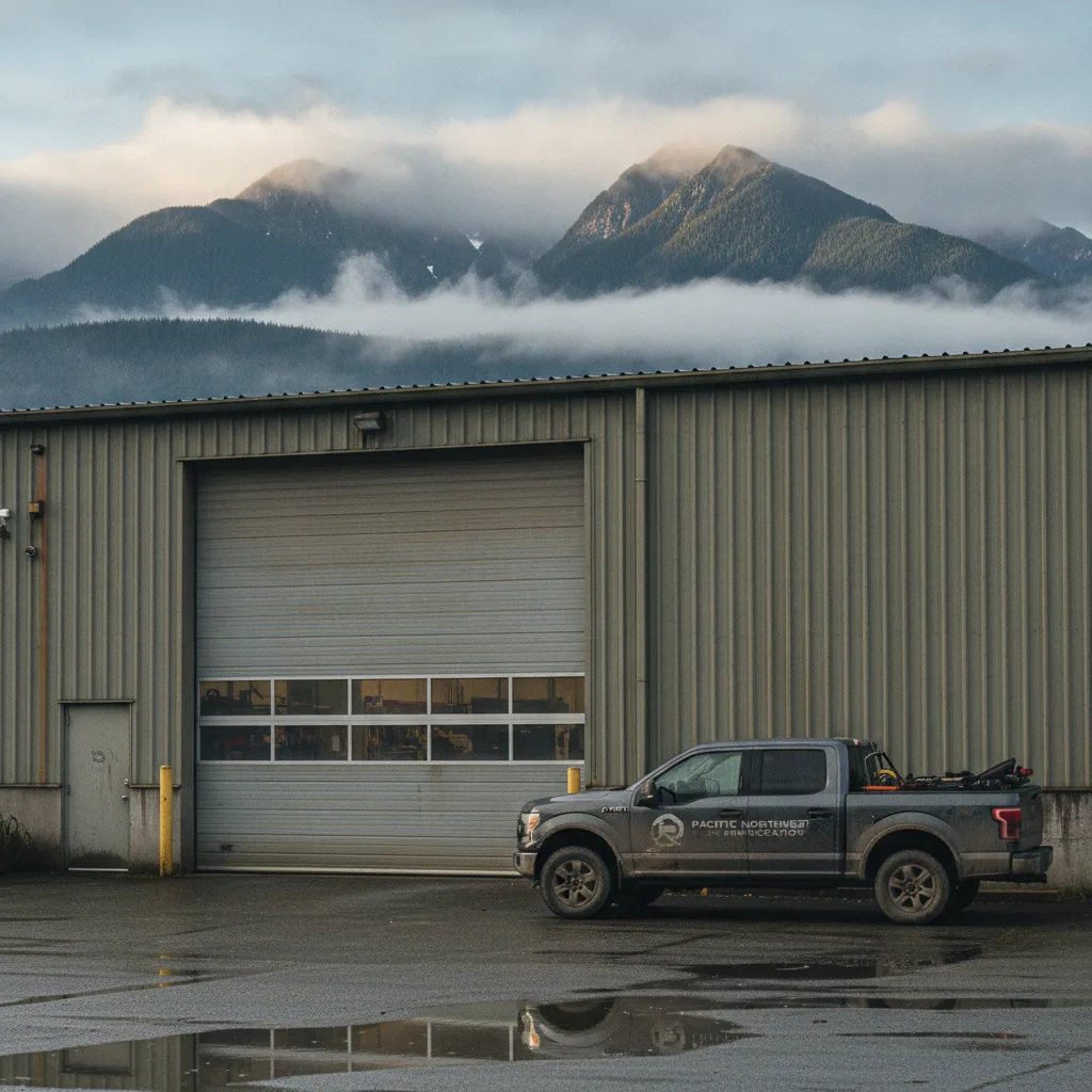 Commercial overhead steel door on a Maple Ridge workshop with the Golden Ears mountains behind a service truck