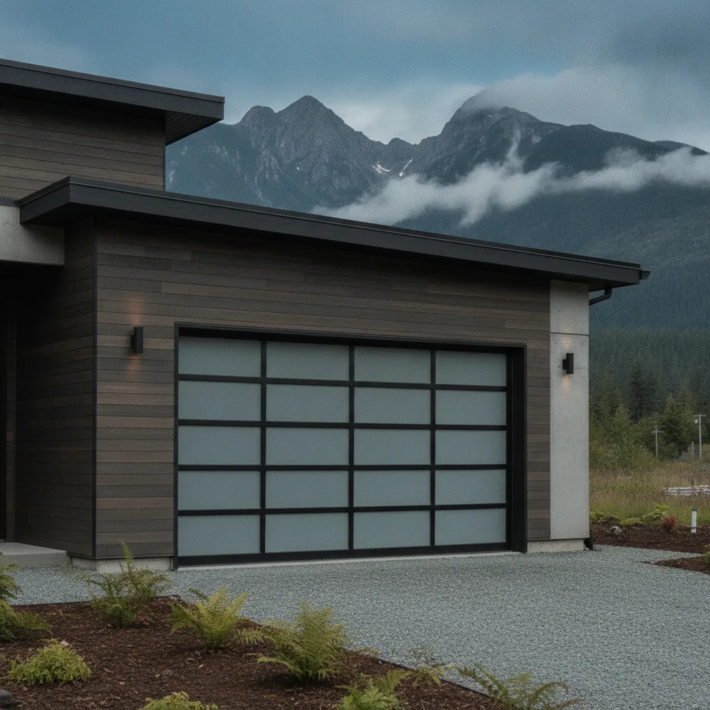 Newly installed modern aluminium-and-glass garage door on a Maple Ridge home