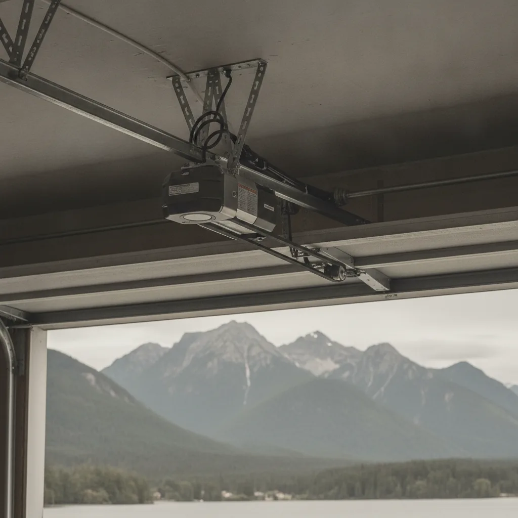 Heavy-duty belt-drive garage door opener mounted on a ceiling