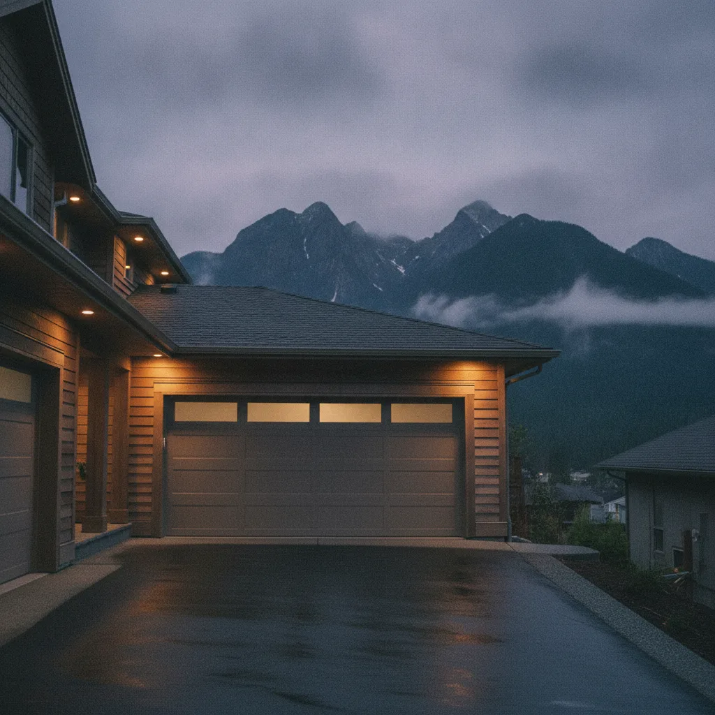 Modern double residential garage door on a Maple Ridge hillside home at dusk
