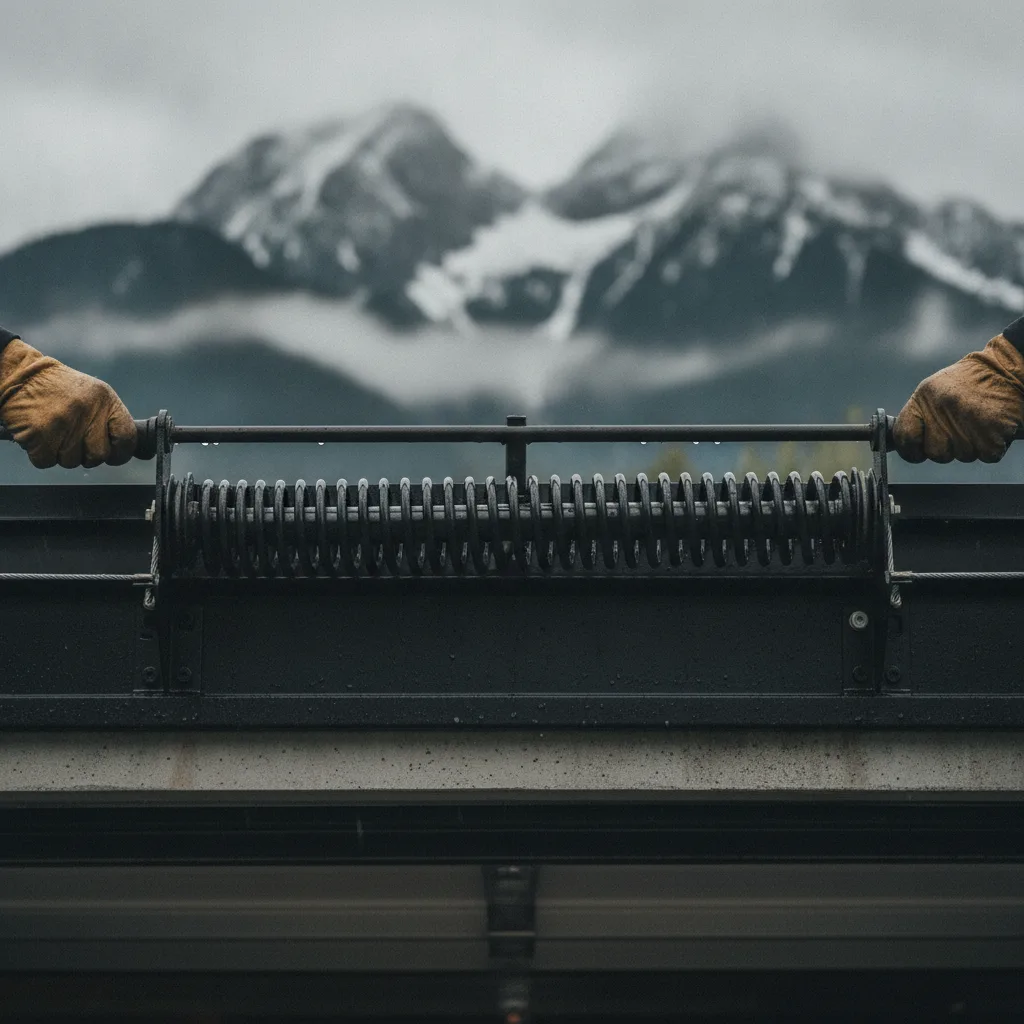 Technician replacing a torsion spring above a garage door